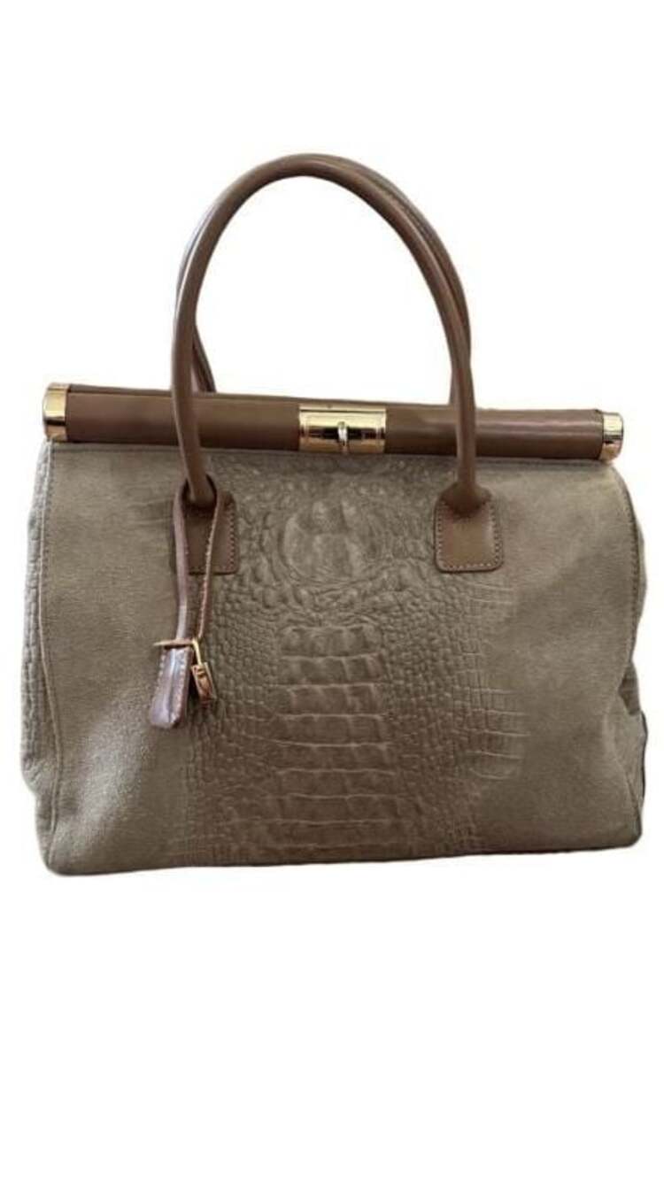 Italian Lock & Key Genuine Croc Embossed Leather Suede Handbag Satchel Beige